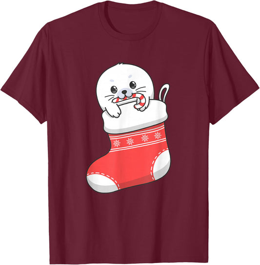 Adorable cute baby harp seal pup in Christmas stocking T-Shirt - T-Shirt | Maroon