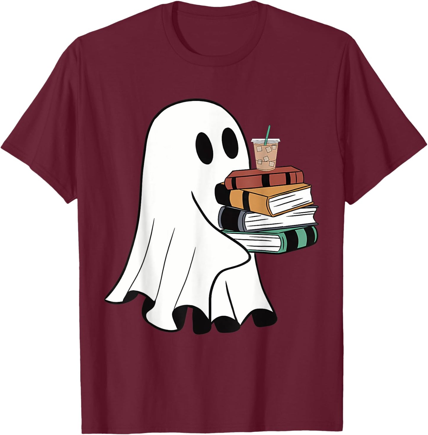Ghost With Books Coffee Halloween For Book Lover T-Shirt - T-Shirt | Maroon