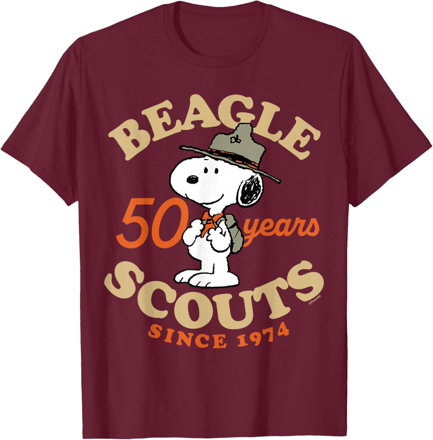 Peanuts - Snoopy Beagle Scouts 50 Year Badge T-Shirt - T-Shirt | Maroon
