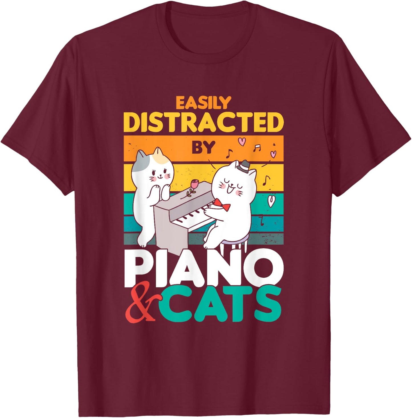 Cat Singing Pet Vintage Piano Pianist Musical Keys Gift T-Shirt - T-Shirt | Maroon