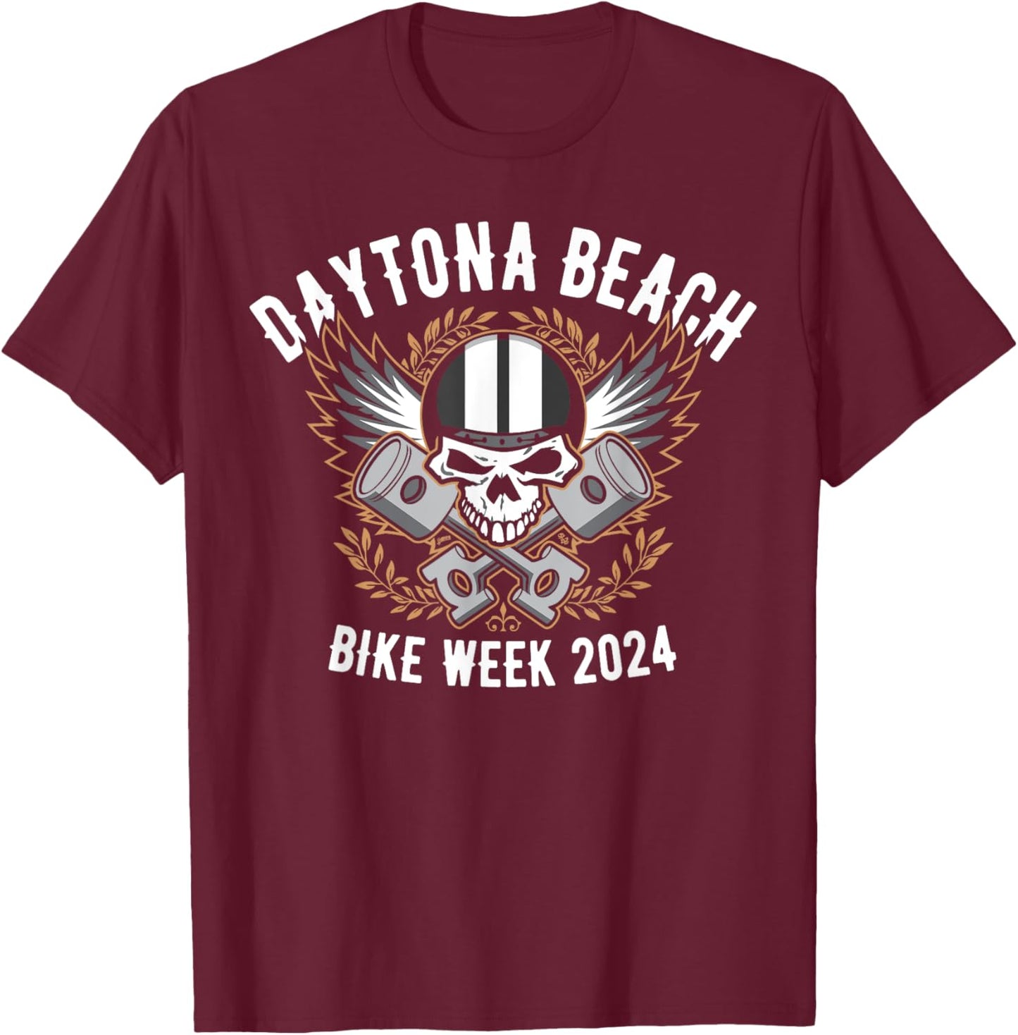 Daytona Beach Bike Week 2024 Retro Motorcycle Skull Design Men Women T-Shirt - T-Shirt | Maroon