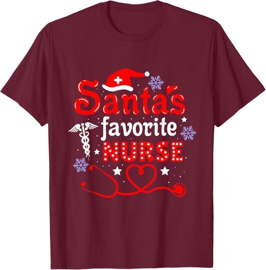 Santa's Favorite Nurse Christmas Short Sleeve T-Shirt - T-Shirt | Maroon