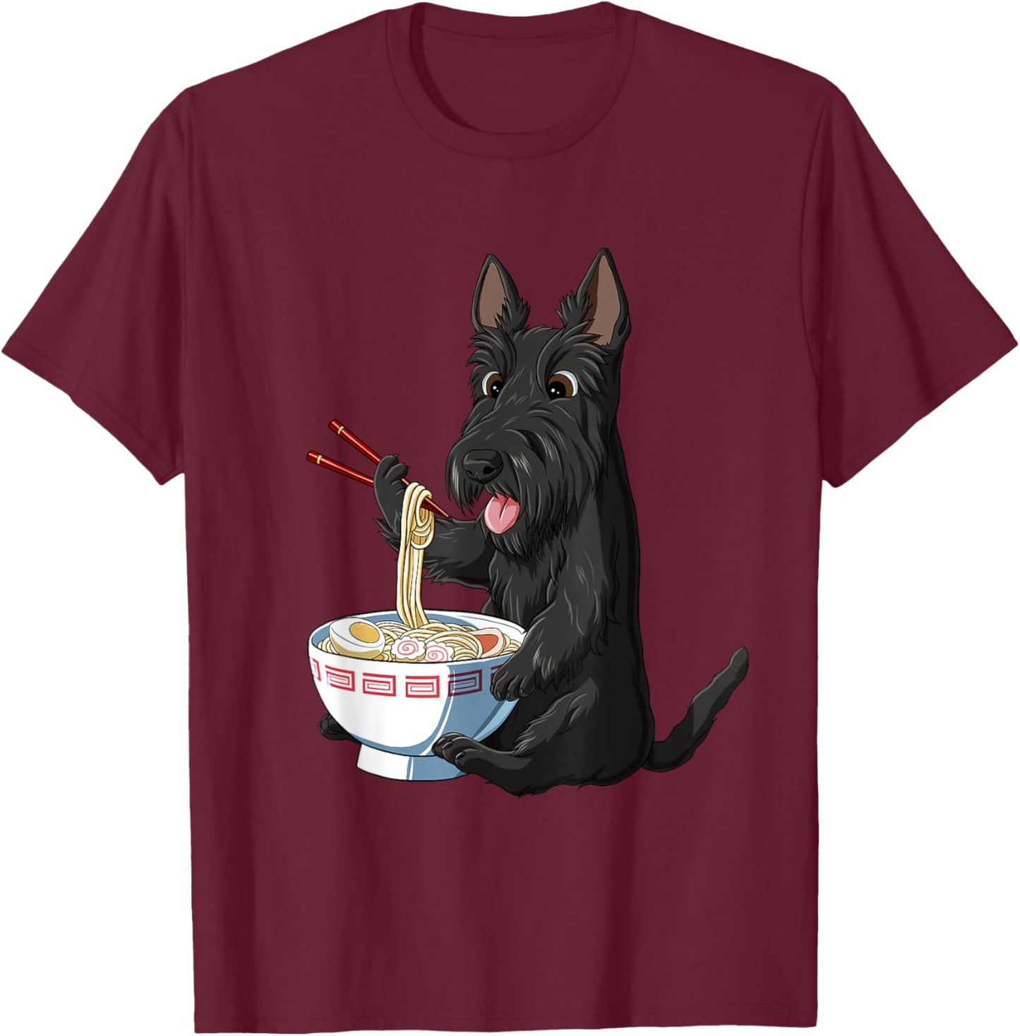 Funny Japanese Anime Dog Scottish Terrier Eating Ramen T-Shirt - T-Shirt | Maroon
