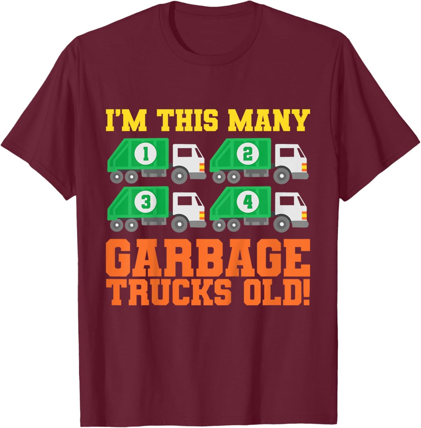 Kids 4th Birthday Garbage Trucks Four Theme Party T-Shirt - T-Shirt | Maroon