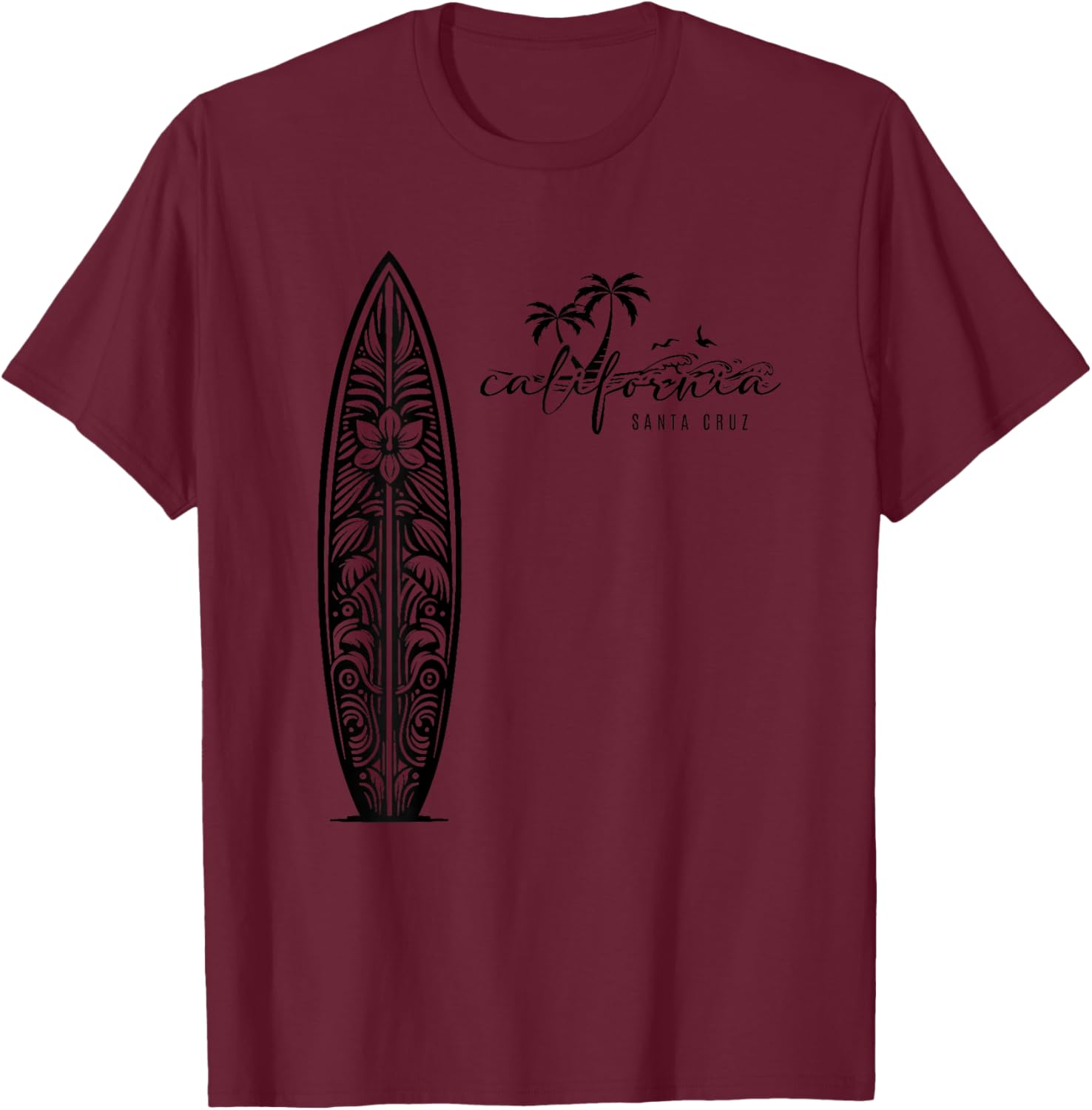 California Santa Cruz, Surfing Surfboard Backprint T-Shirt - T-Shirt | Maroon