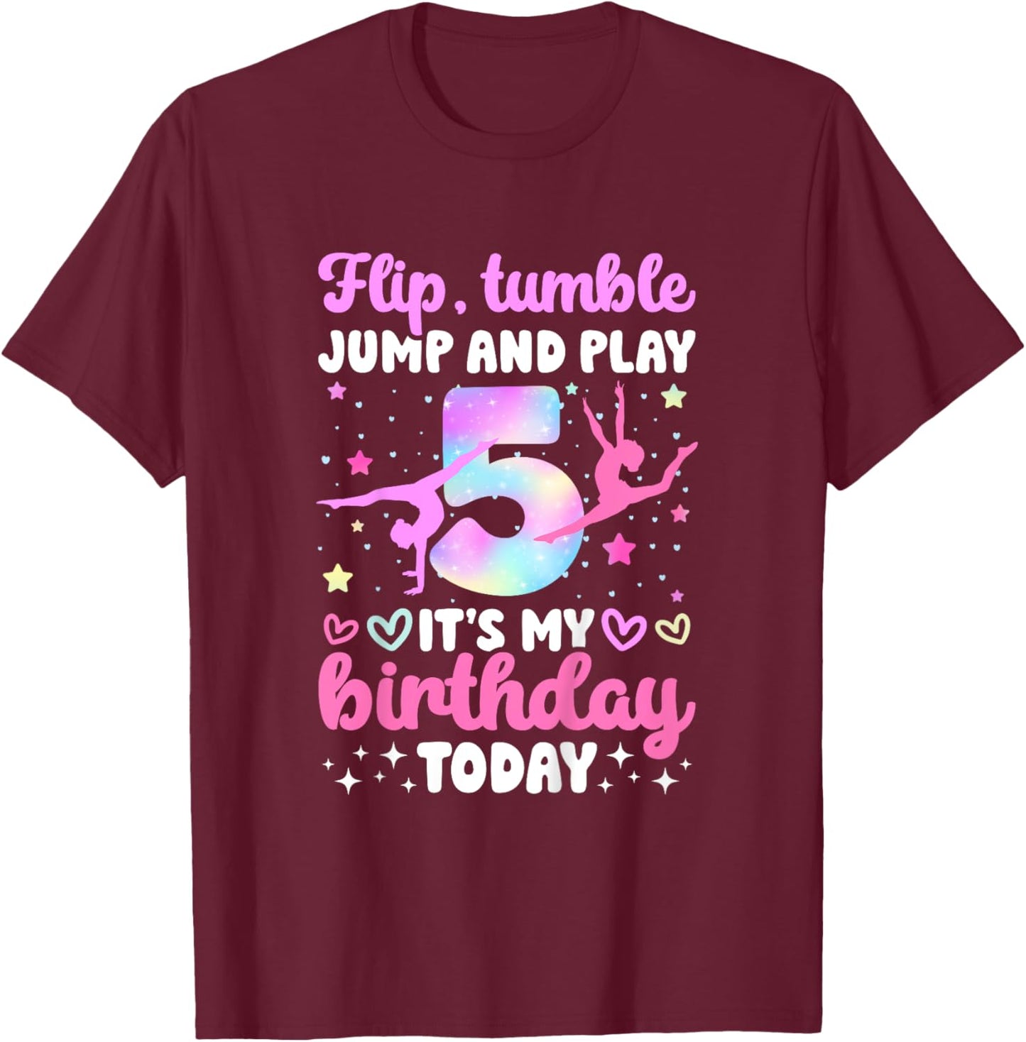 Kids 5th Gymnastics Birthday Party Five Year Old Gymnast Girl T-Shirt - T-Shirt | Maroon
