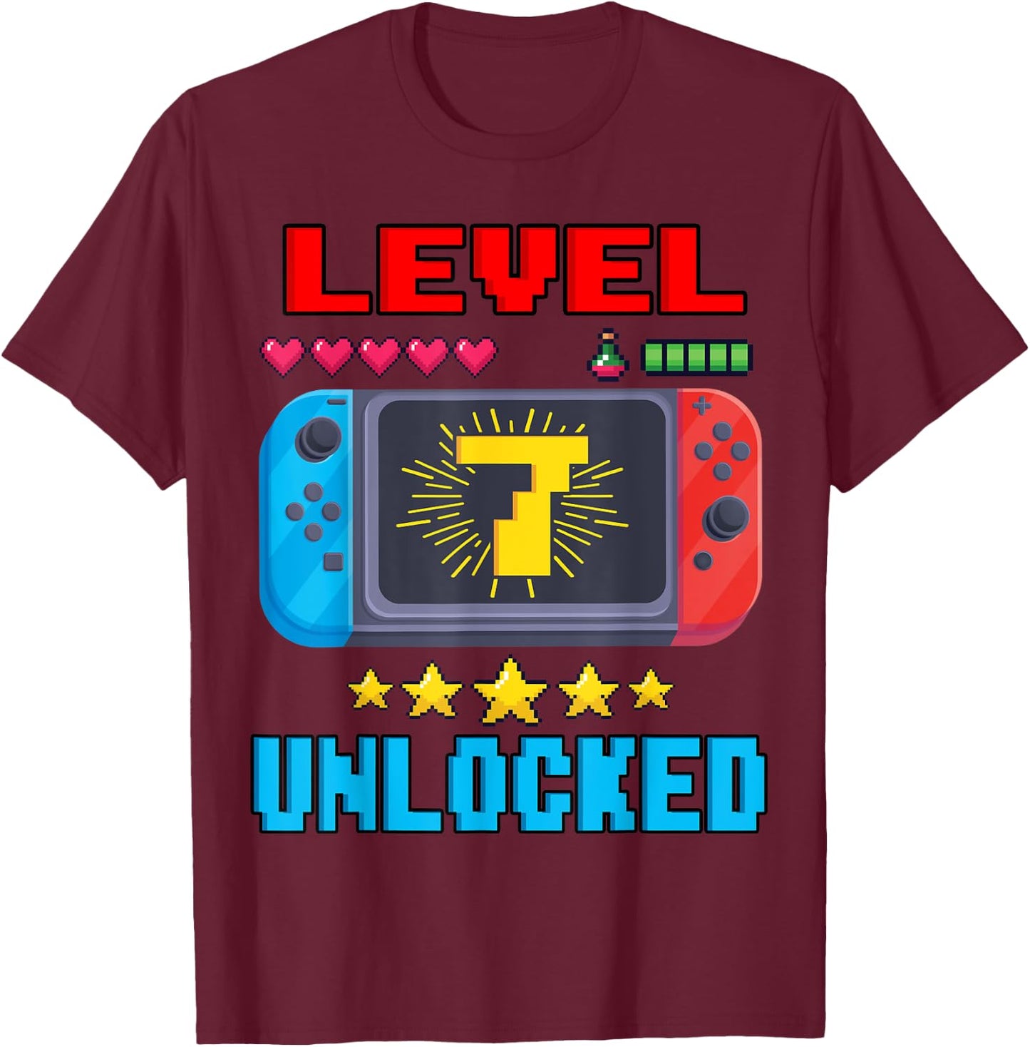 7th Birthday Boy Level 7 Unlocked Video Gamer Birthday T-Shirt - T-Shirt | Maroon