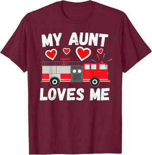 My Aunt Loves Me Cute Boys Kids Nephew Firetruck Gift T-Shirt - T-Shirt | Maroon