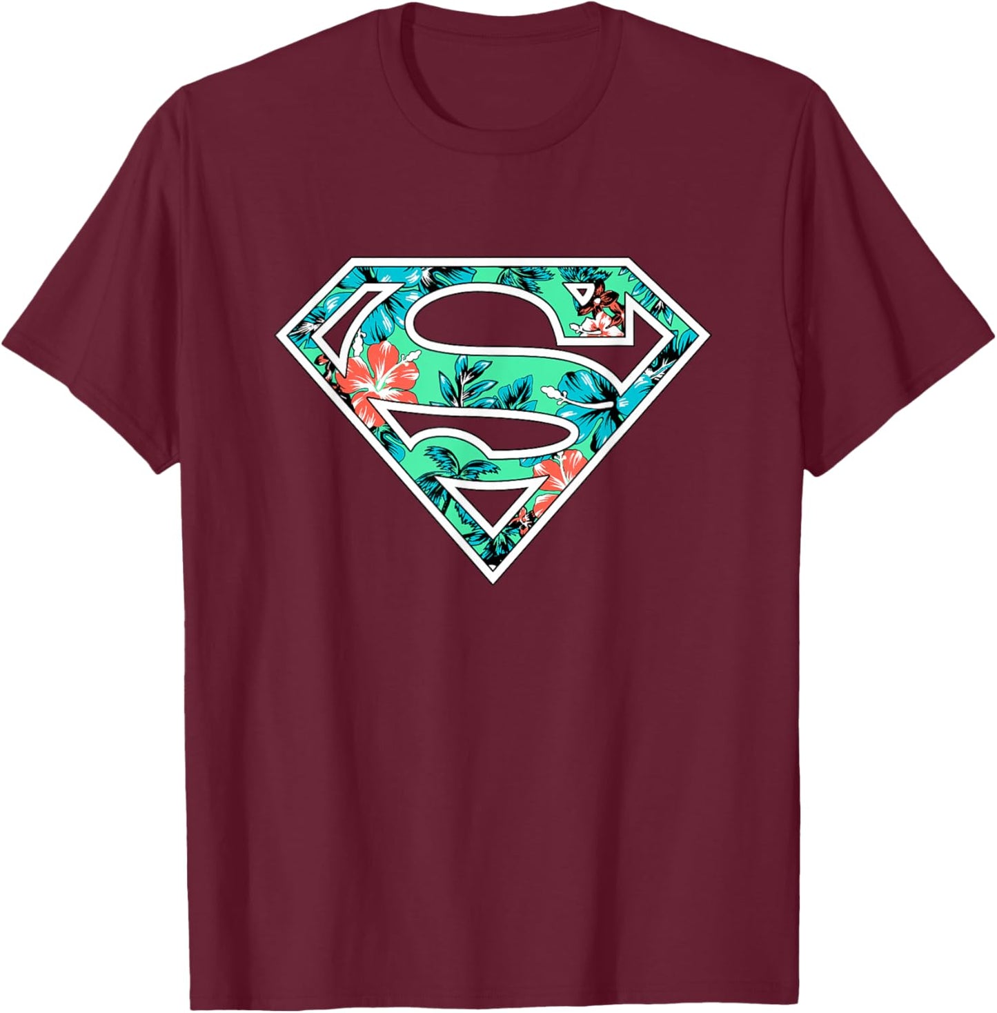 DC Comics Superman Classic Logo Tropical Flowers Pattern T-Shirt - T-Shirt | Maroon