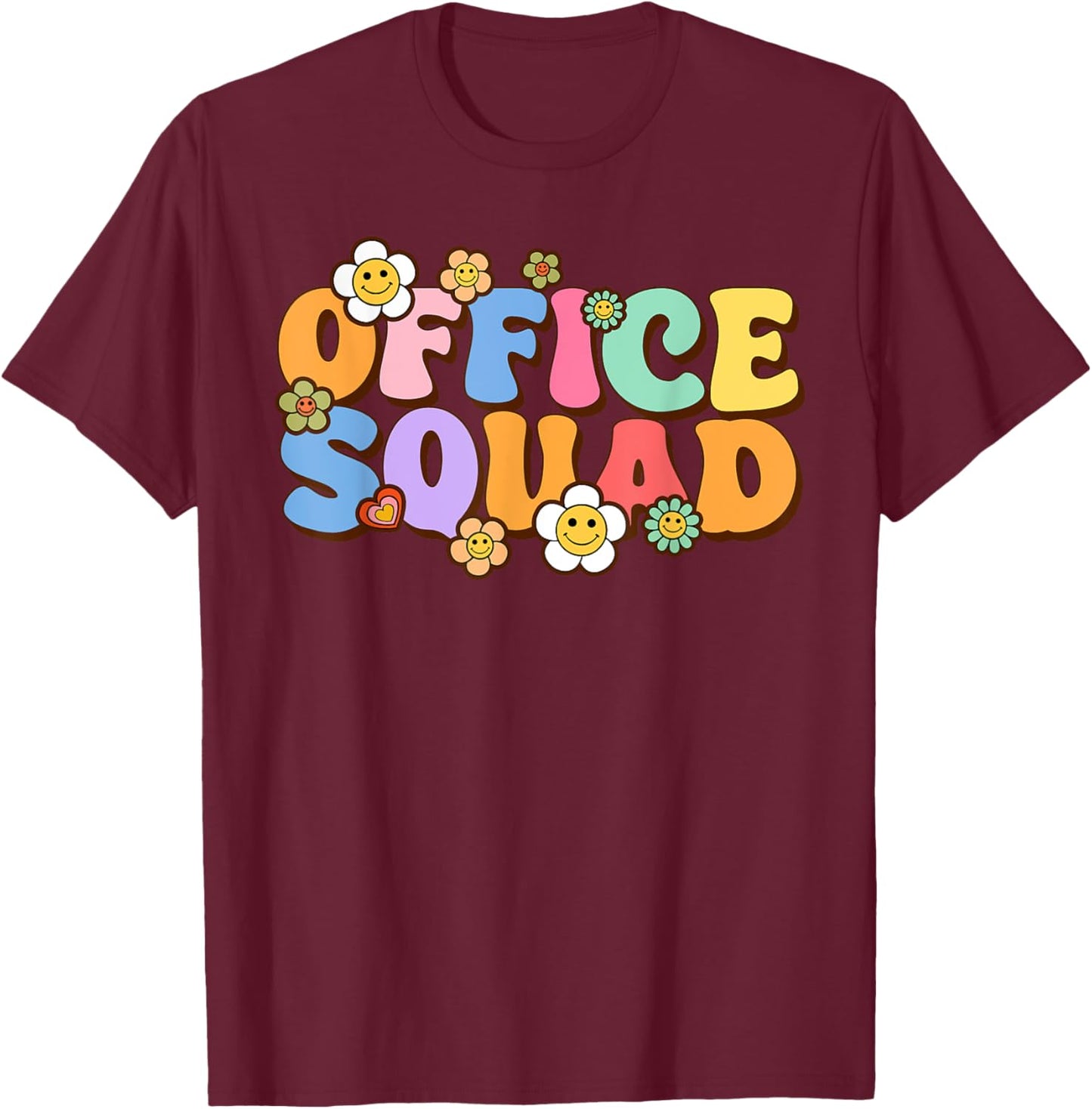 Retro Office Squad Groovy Happy Flower T-Shirt - T-Shirt | Maroon