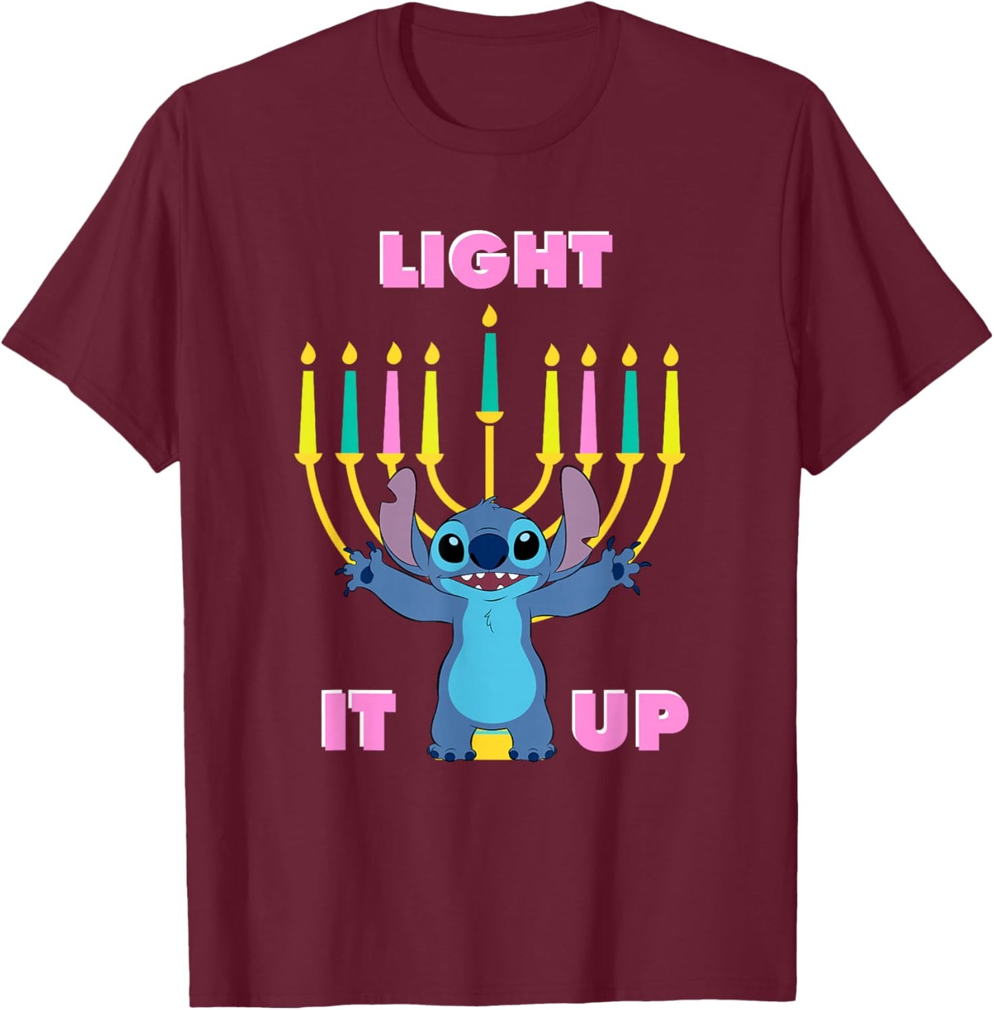 Disney Lilo & Stitch Hanukkah Stitch Light It Up Menorah T-Shirt - T-Shirt | Maroon