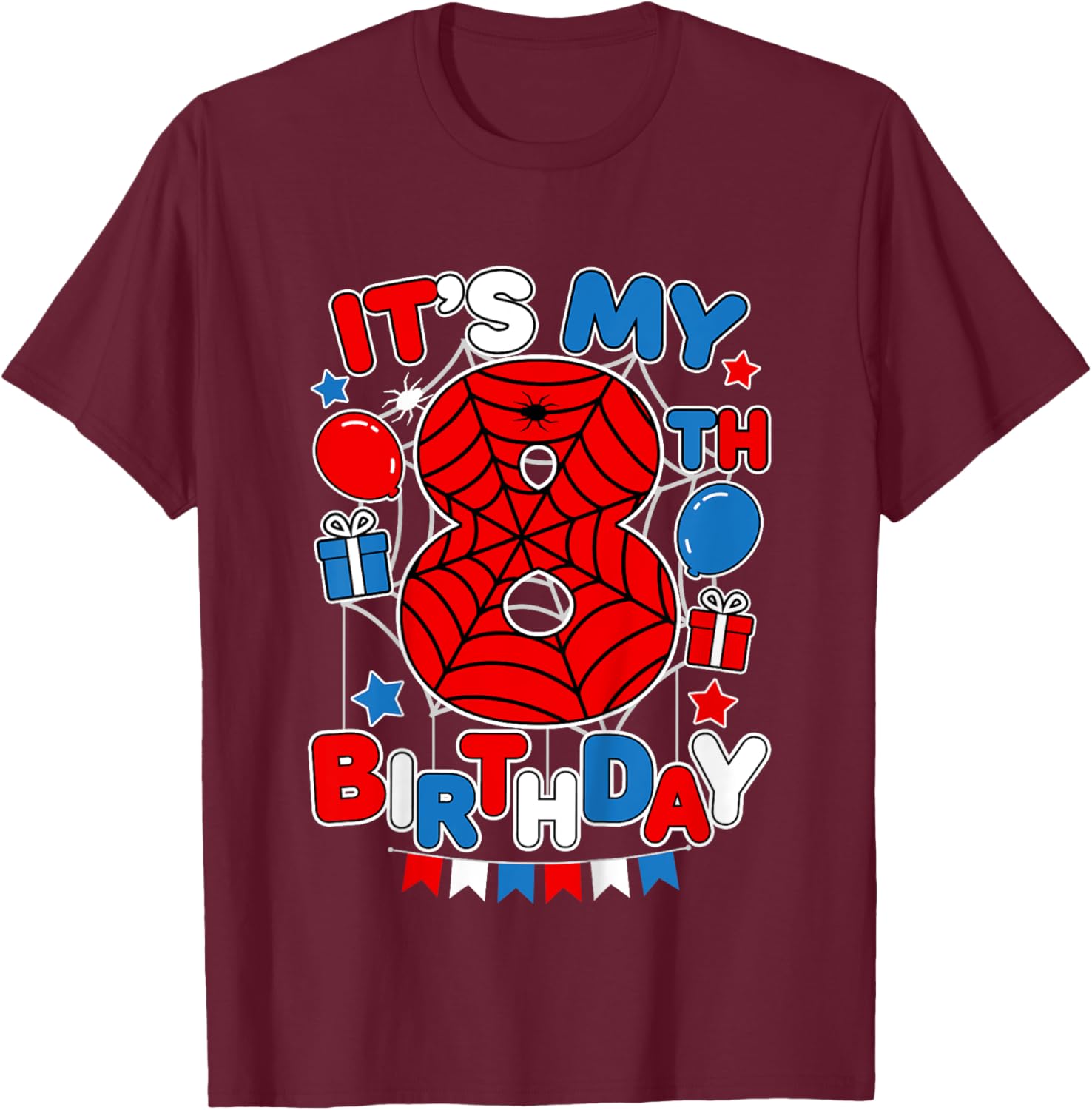Kids It's My 8th Birthday Spider Theme Party 8 Year Old Boys Kids T-Shirt - T-Shirt | Maroon