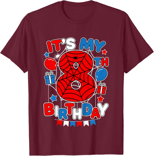 Kids It's My 8th Birthday Spider Theme Party 8 Year Old Boys Kids T-Shirt - T-Shirt | Maroon