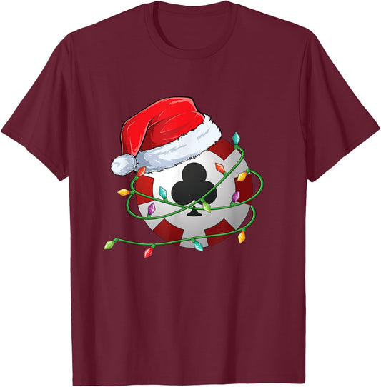 Christmas Poker Chip in Santa Hat wrapped in Holiday Lights T-Shirt - T-Shirt | Maroon