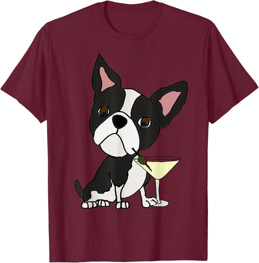 Smilemoreteesa Funny Boston Terrier Dog Drinking Martini Women T-Shirt - T-Shirt | Maroon