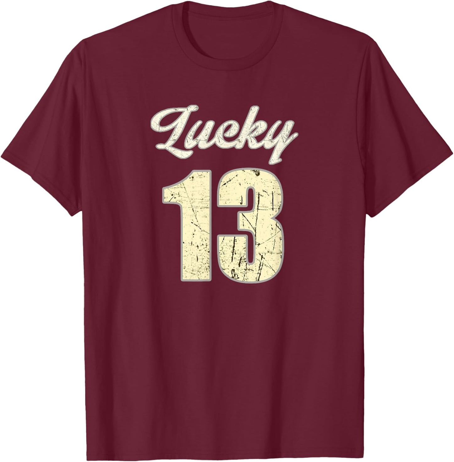 Lucky Number Thirteen Retro Distressed Vintage T-Shirt - T-Shirt | Maroon