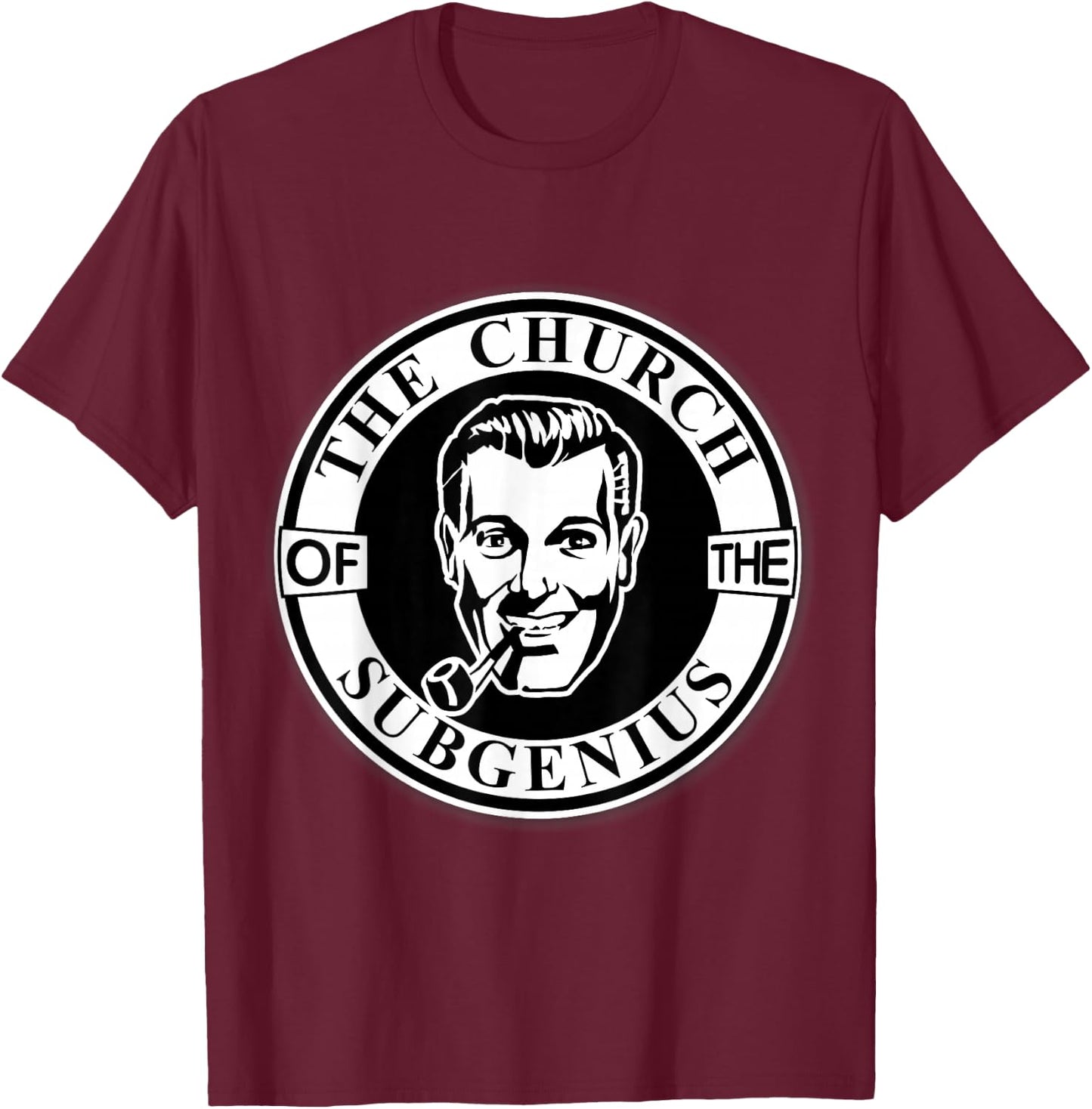 Apedes -Adults Black Cotton 65% Polyester 35% Classic Fit Collarless Short Sleeve - Church of the SubGenius - Religion Parody Prophet Church - Small T-Shirt - T-Shirt | Maroon