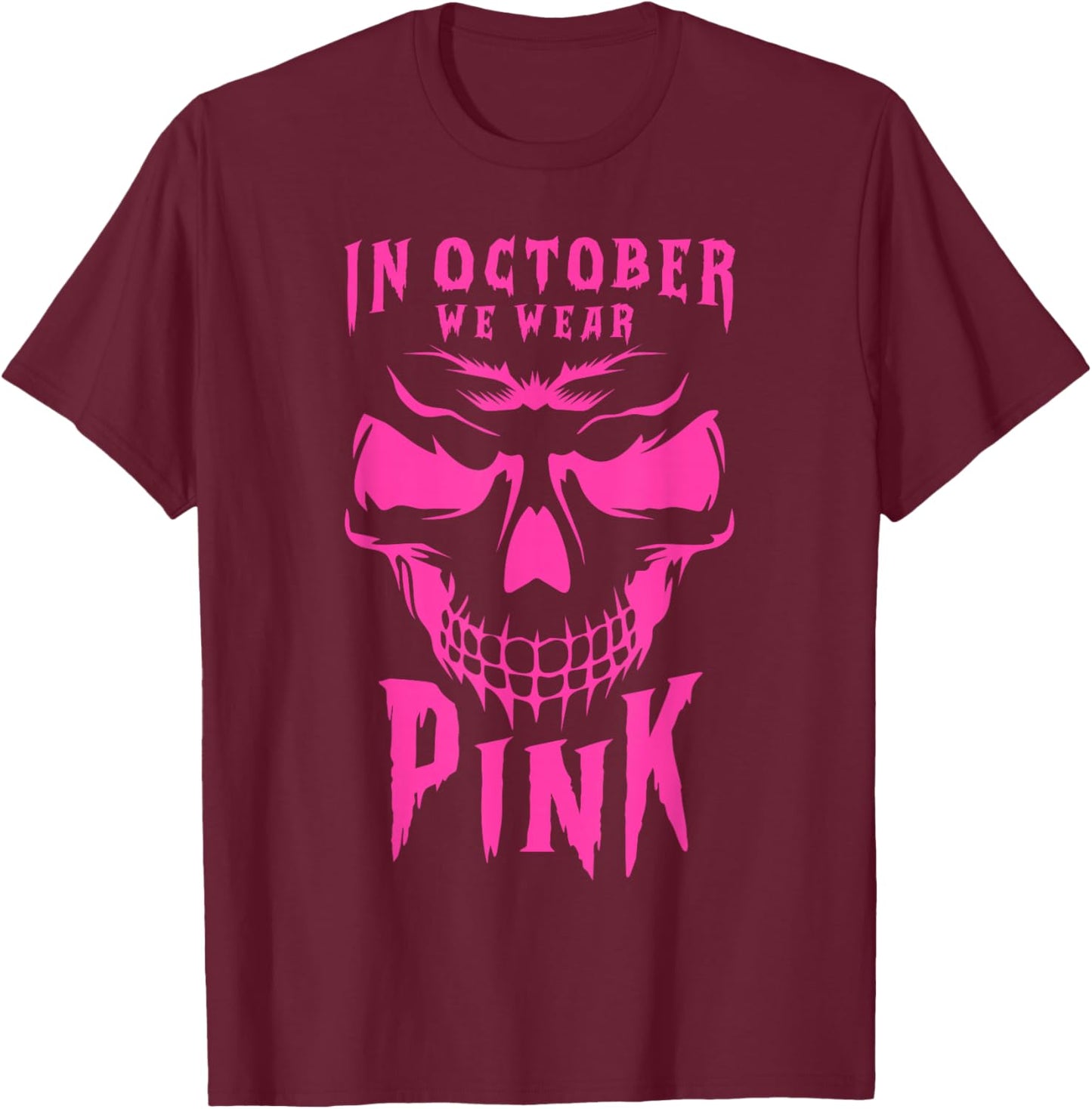 Breast Cancer Awareness Month Halloween Skull Pink Ribbon T-Shirt - T-Shirt | Maroon