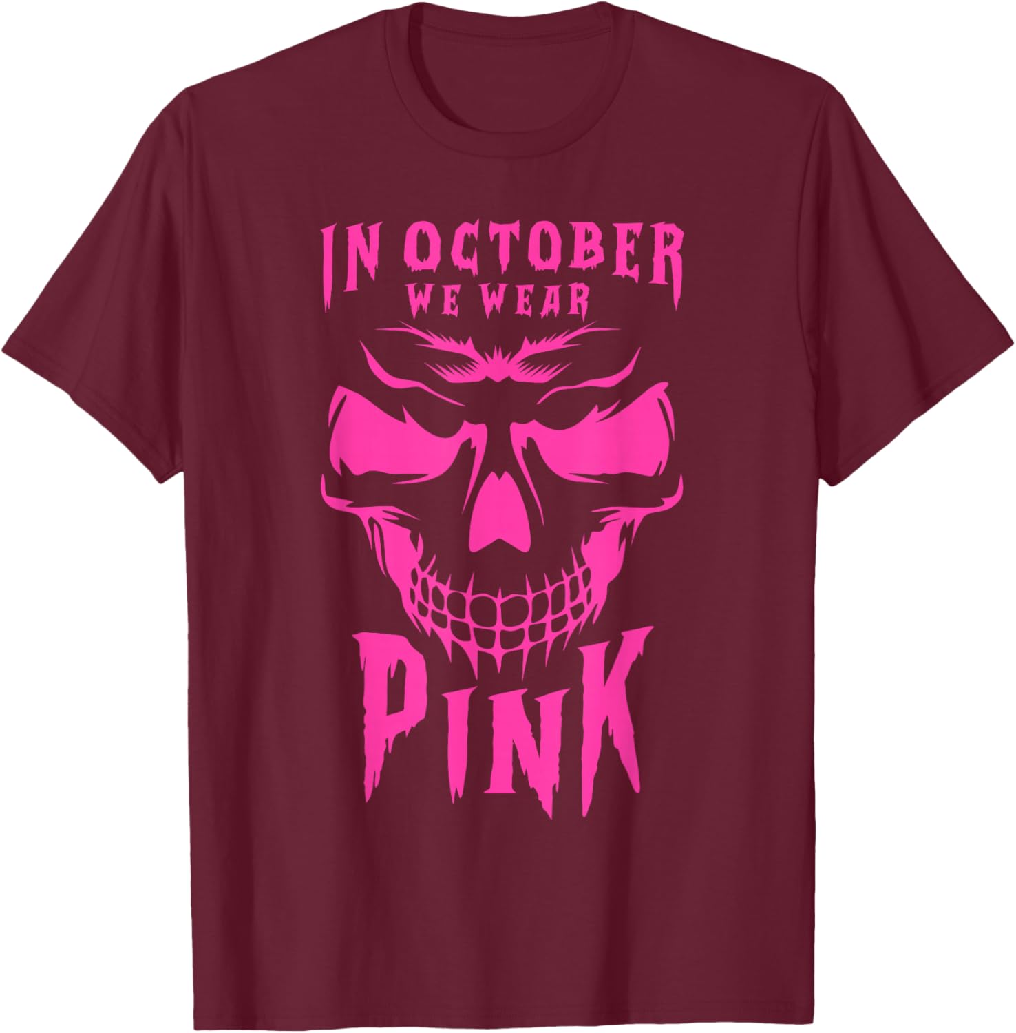 Breast Cancer Awareness Month Halloween Skull Pink Ribbon T-Shirt - T-Shirt | Maroon