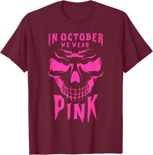 Breast Cancer Awareness Month Halloween Skull Pink Ribbon T-Shirt - T-Shirt | Maroon