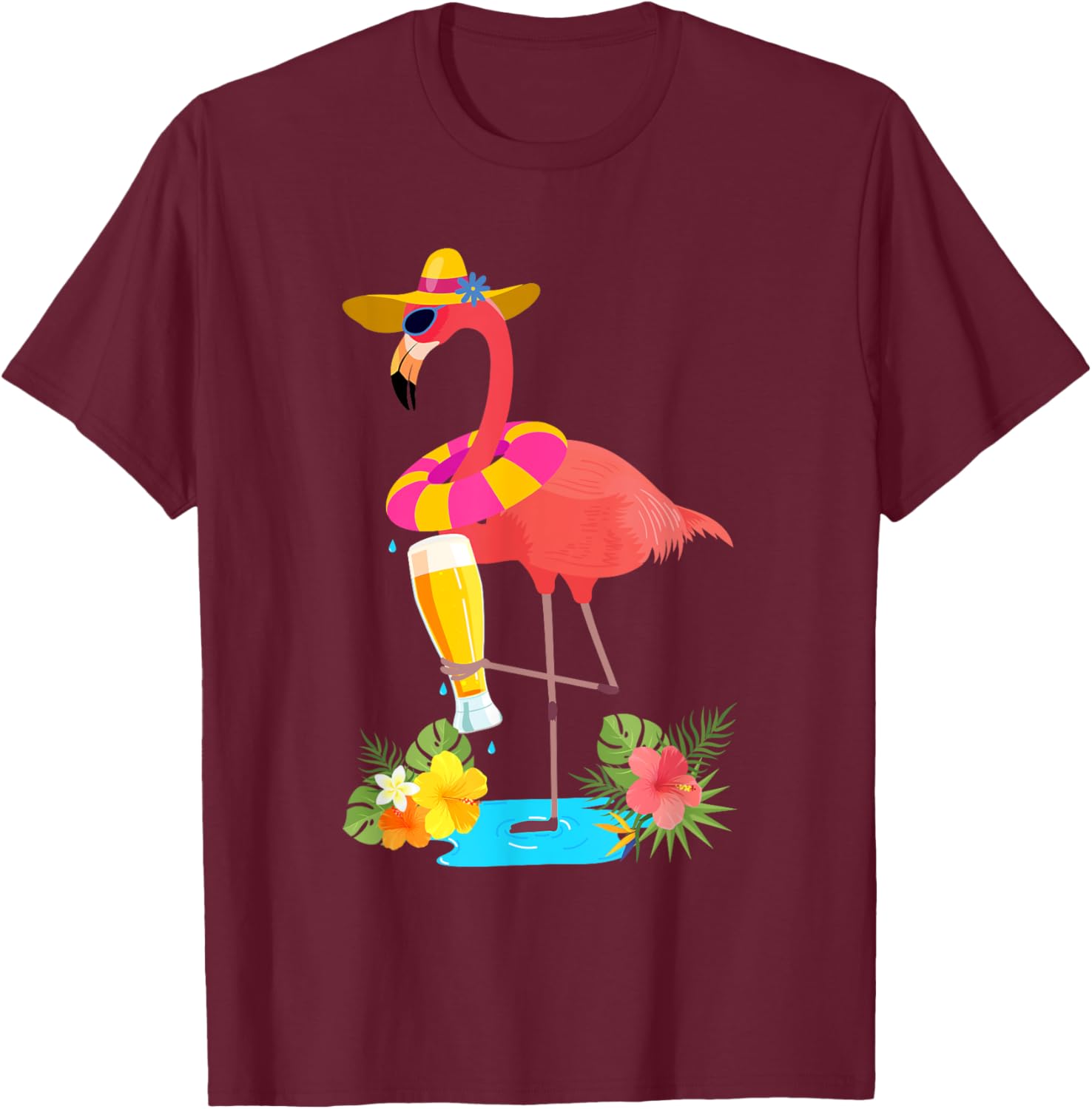Pink Flamingo Drinking Beer Summer Vacation Beer Lover T-Shirt - T-Shirt | Maroon