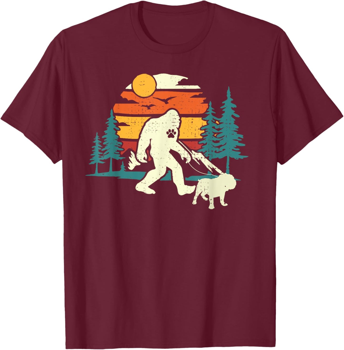 Retro Bigfoot Walking English Bulldog Dog Walker Sasquatch Men Women Girls Kids T-Shirt - T-Shirt | Maroon