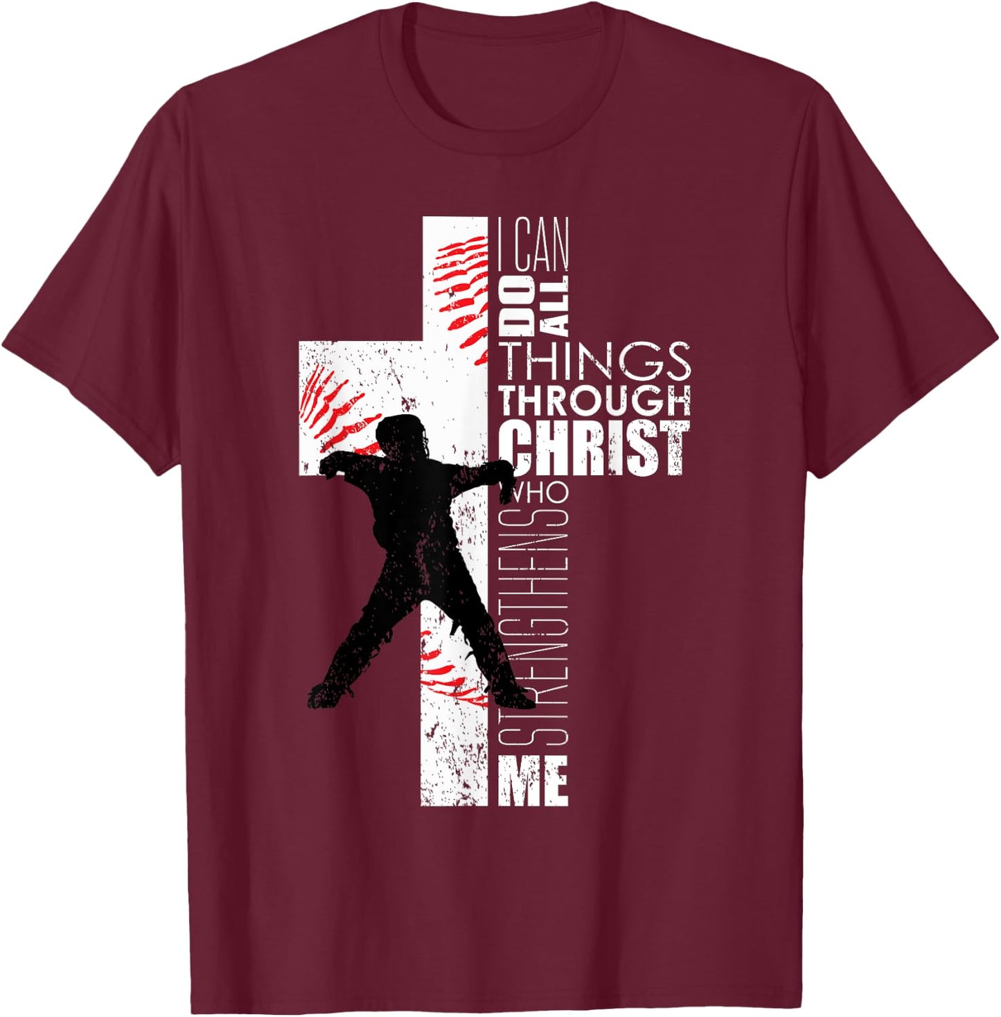 Christian Philippians 4:13 Kids Boys Cross Baseball Catcher T-Shirt - T-Shirt | Maroon