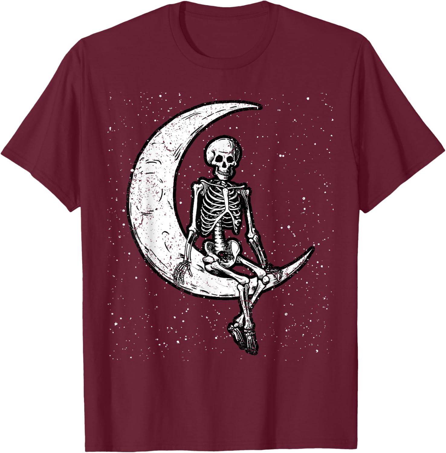 Skeleton Sitting On Moon Halloween Spooky Bones Goth Gothic T-Shirt - T-Shirt | Maroon