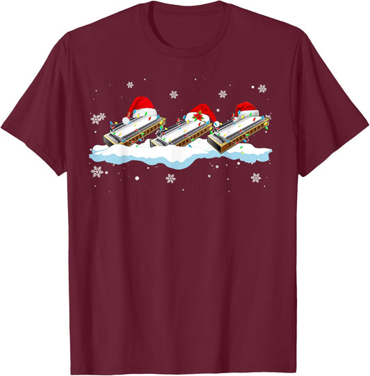 Santa Harmonica Christmas Lights Funny Harmonica Lover Gifts T-Shirt - T-Shirt | Maroon