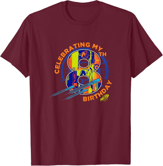 Kids Nerf Birthday Celebrating My 8th Birthday Logo T-Shirt - T-Shirt | Maroon