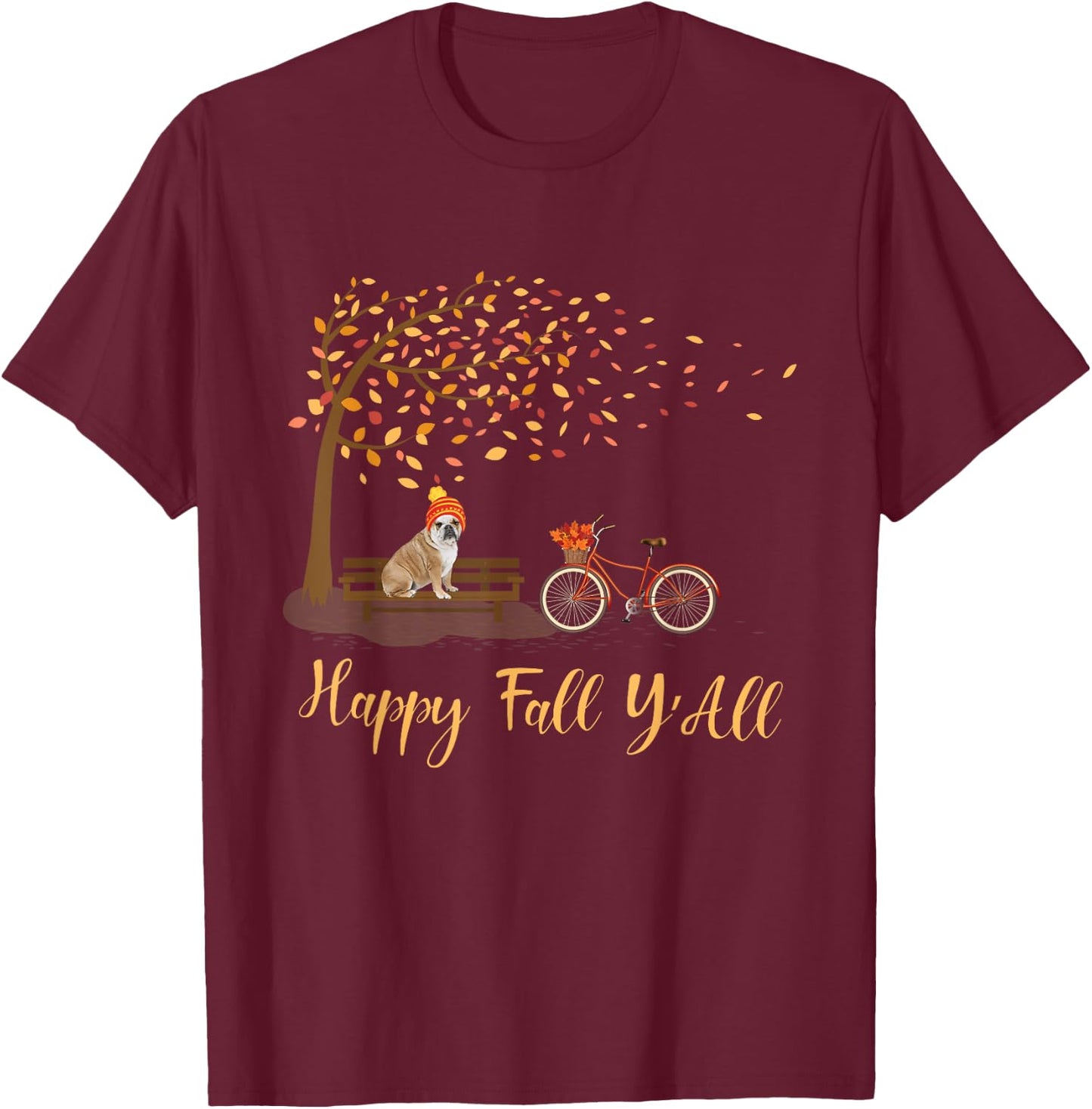 Happy Fall Y'All Funny English Bulldog Autumn Season Bicycle Women Kids T-Shirt - T-Shirt | Maroon