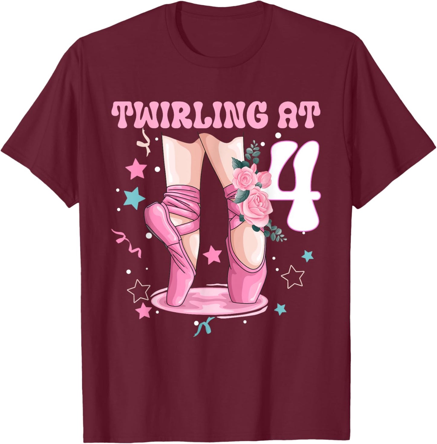 4th Birthday Ballet Ballerina Birthday Party 4 Year Old Girl T-Shirt - T-Shirt | Maroon