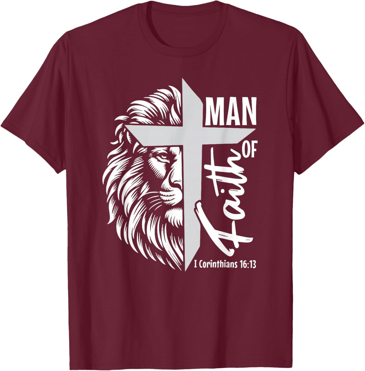 Man of Faith Lion Christian God Jesus Cross T-Shirt - T-Shirt | Maroon