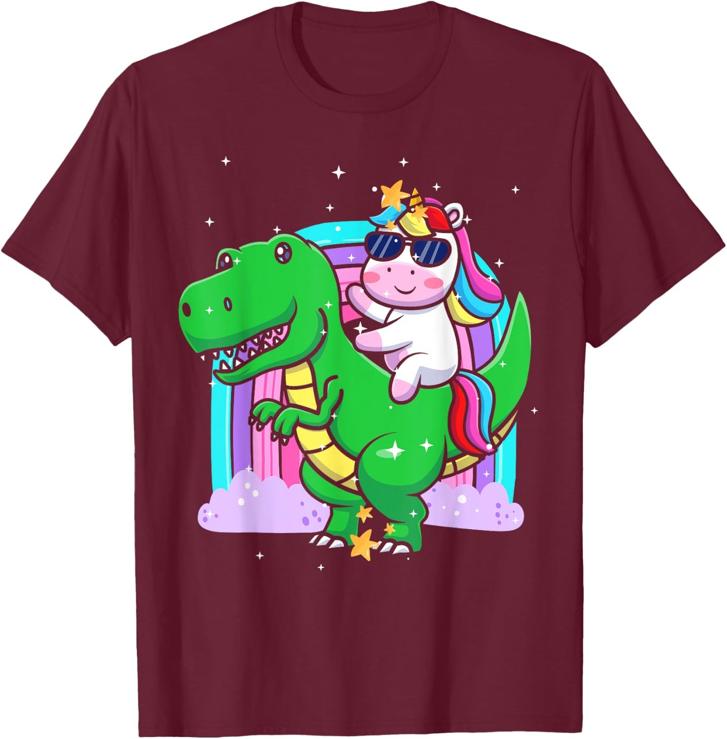 Unicorn Riding T Rex Dinosaur Boys Girls Men Women Rainbow T-Shirt - T-Shirt | Maroon