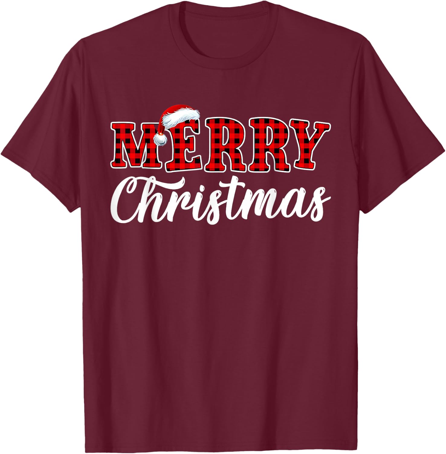 Merry Christmas Buffalo Plaid Red Santa Family Matching Xmas T-Shirt - T-Shirt | Maroon