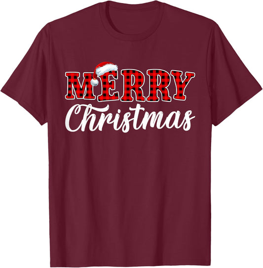 Merry Christmas Buffalo Plaid Red Santa Family Matching Xmas T-Shirt - T-Shirt | Maroon
