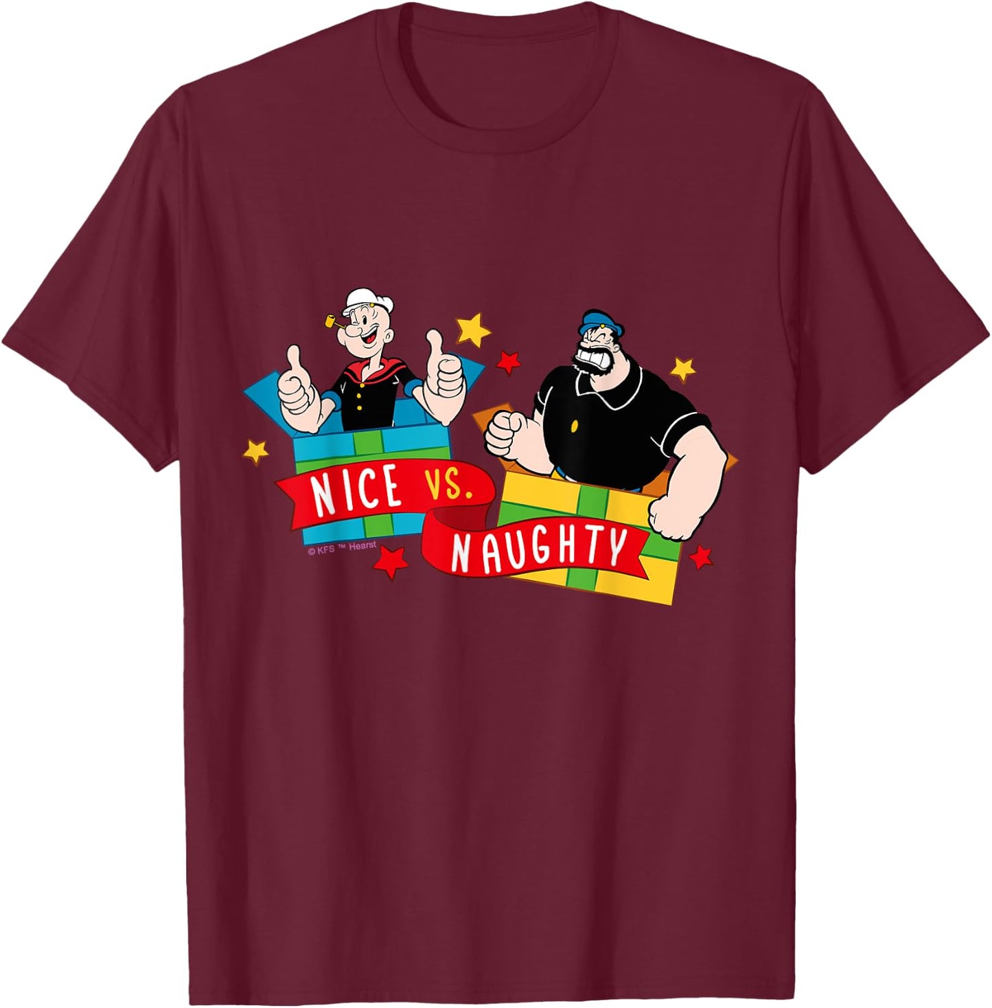 Popeye and Olive Oyl Official Merchandise -Kids Black Cotton 60% Polyester 40% Classic Fit Short Sleeve Holiday Small T-Shirt - T-Shirt | Maroon