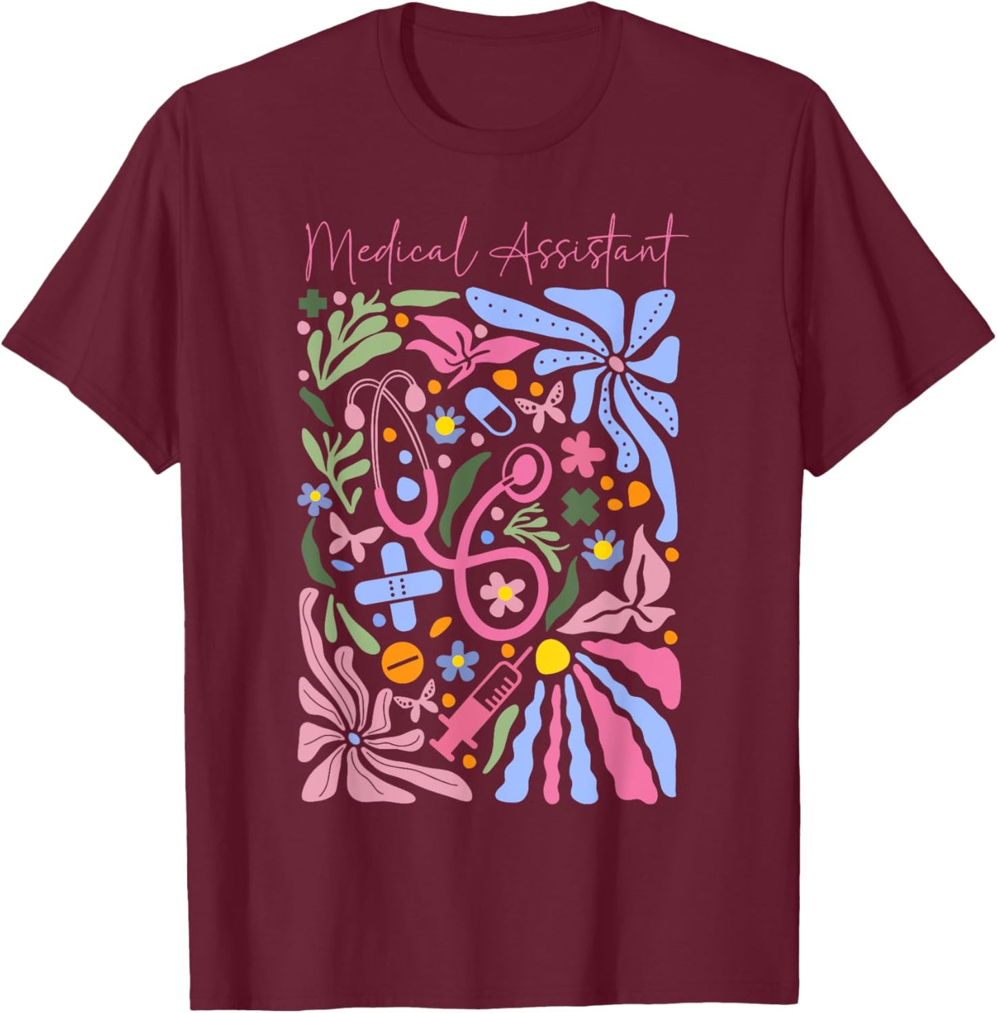Boho Flower Medical Assistant Stethoscope Healthcare Worker T-Shirt - T-Shirt | Maroon