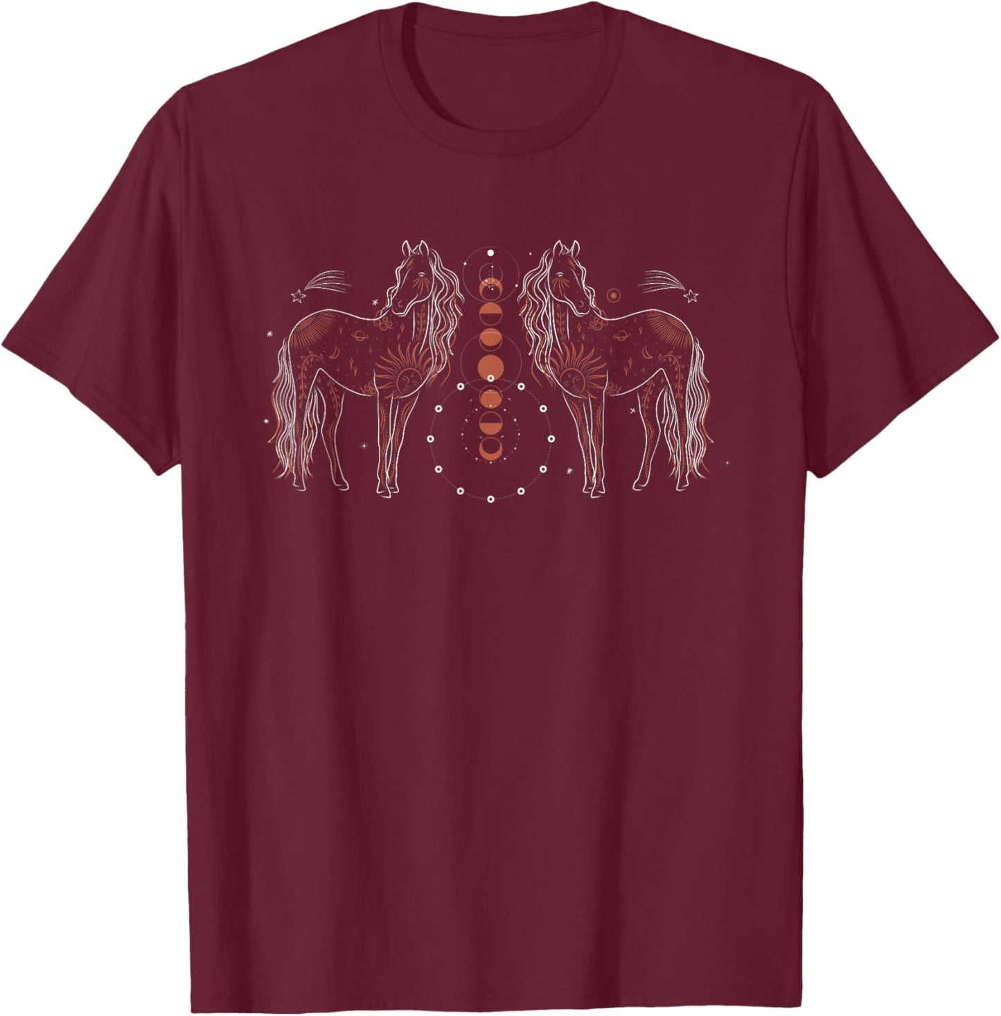 Abstract Celestial Horses Moon Phase T-Shirt - T-Shirt | Maroon