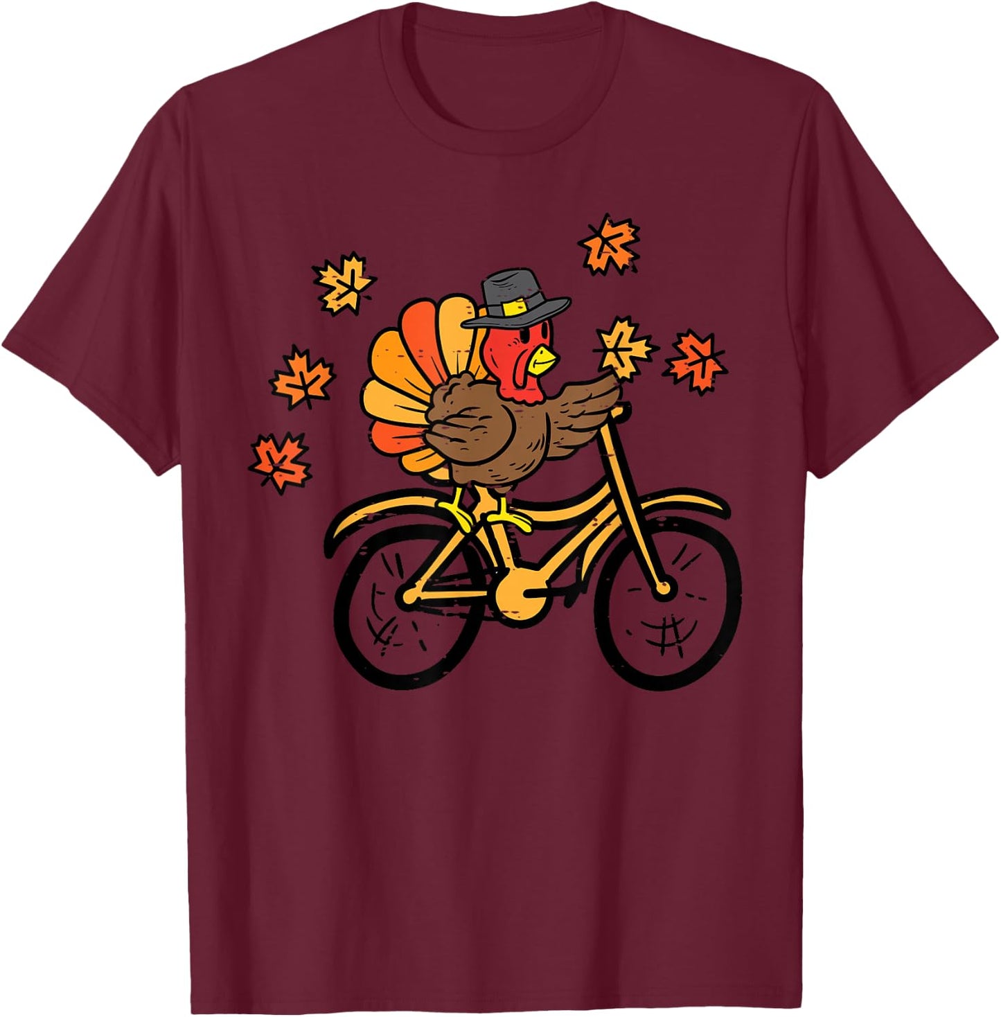 Thanksgiving Turkey Riding Bike Fall Biking Men Women Kids T-Shirt - T-Shirt | Maroon