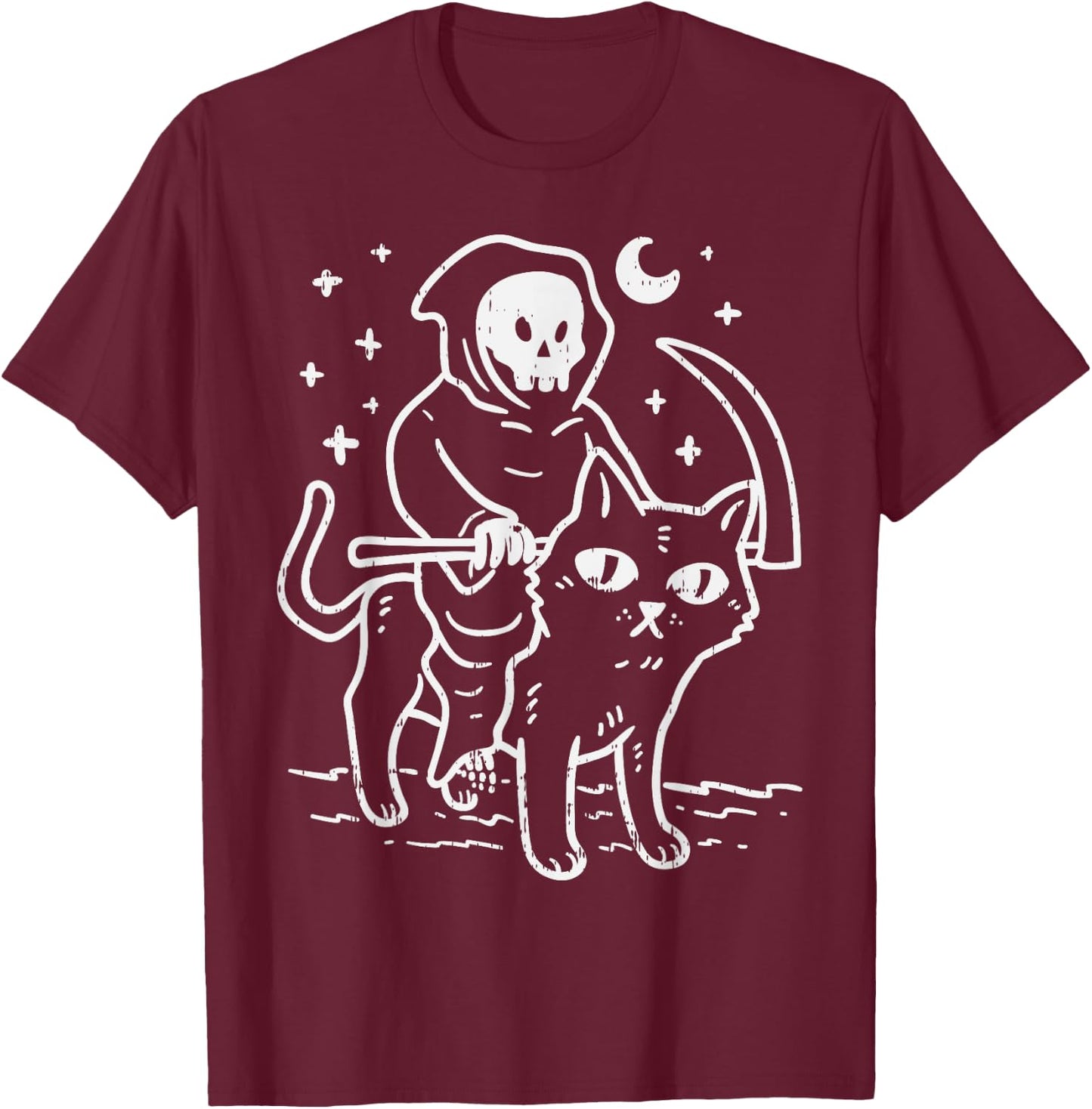 Grim Reaper Riding Cat Moon Funny Death Halloween Costume Men Women Kids T-Shirt - T-Shirt | Maroon