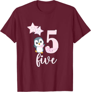 5th Penguin Birthday Party Five Year Old Girl Penguin T-Shirt - T-Shirt | Maroon