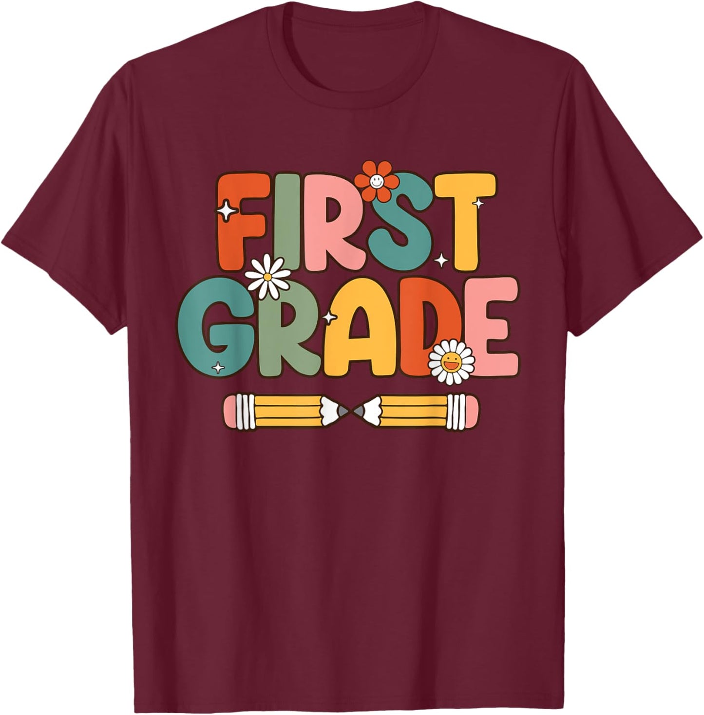 Retro Sunset First Grade Teacher & Student Back To School Men Women T-Shirt - T-Shirt | Maroon