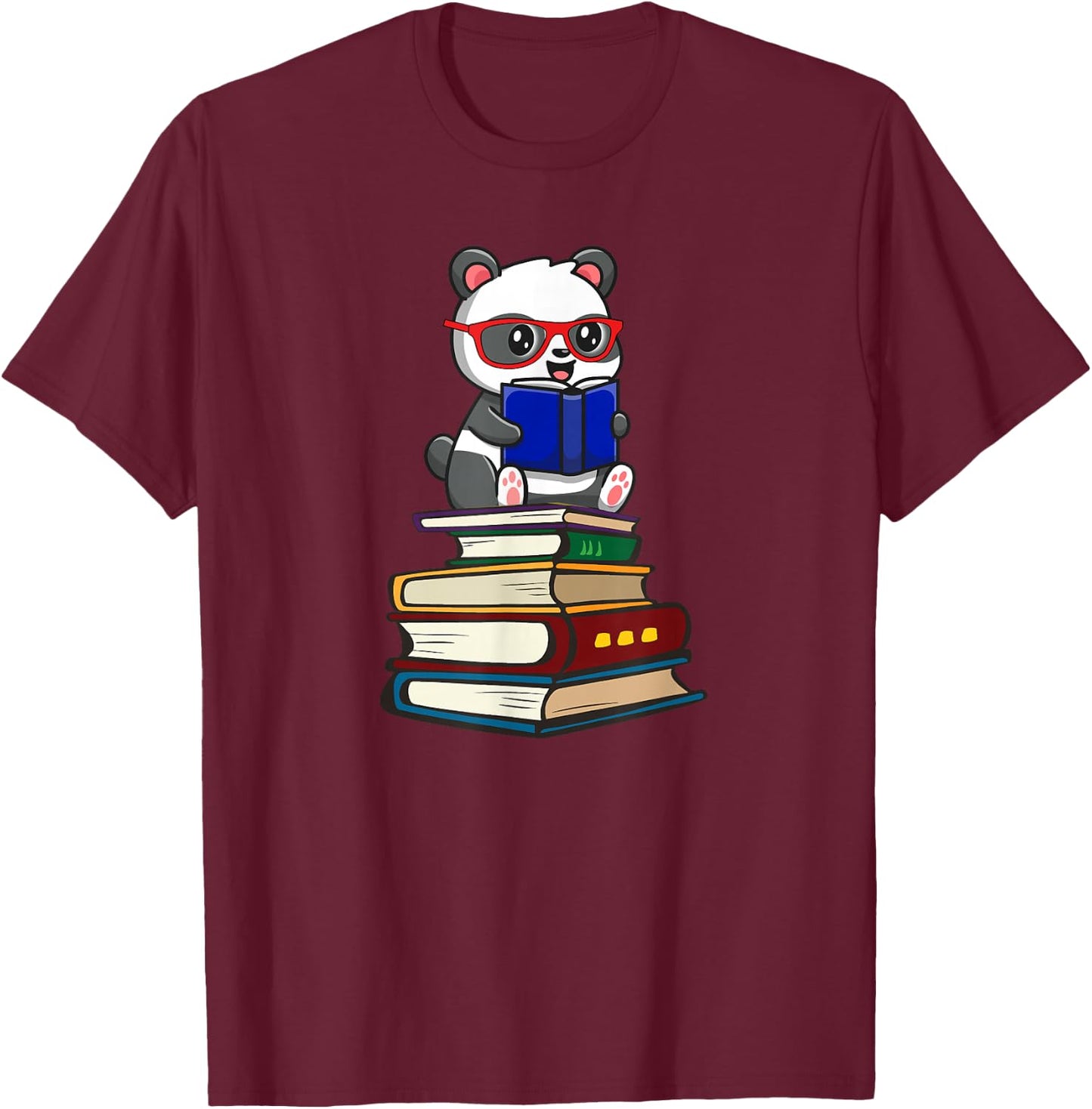Cute Kids Girls Kawaii Glasses Reading Books Panda T-Shirt - T-Shirt | Maroon