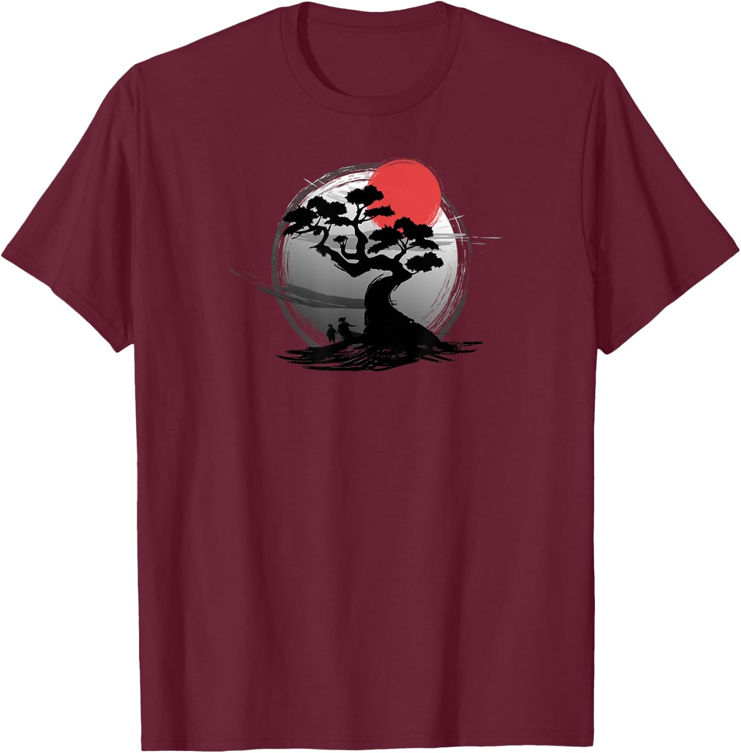 Japanese Sunset Art Nature Japan Bonsai Tree T-Shirt - T-Shirt | Maroon