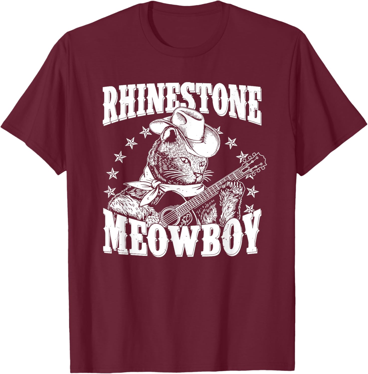 Meowboy Funny Meow Cowboy Cat Playing Guitar Country Music T-Shirt - T-Shirt | Maroon