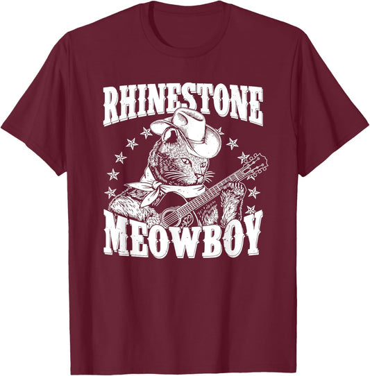 Meowboy Funny Meow Cowboy Cat Playing Guitar Country Music T-Shirt - T-Shirt | Maroon