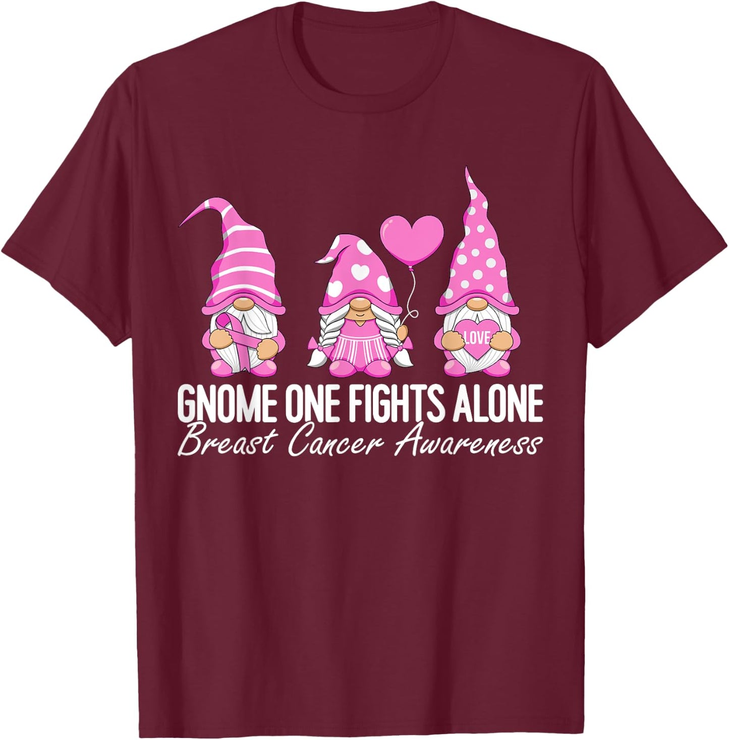 Breast Cancer Awareness Gnomes I Wear Pink Ribbon Support T-Shirt - T-Shirt | Maroon
