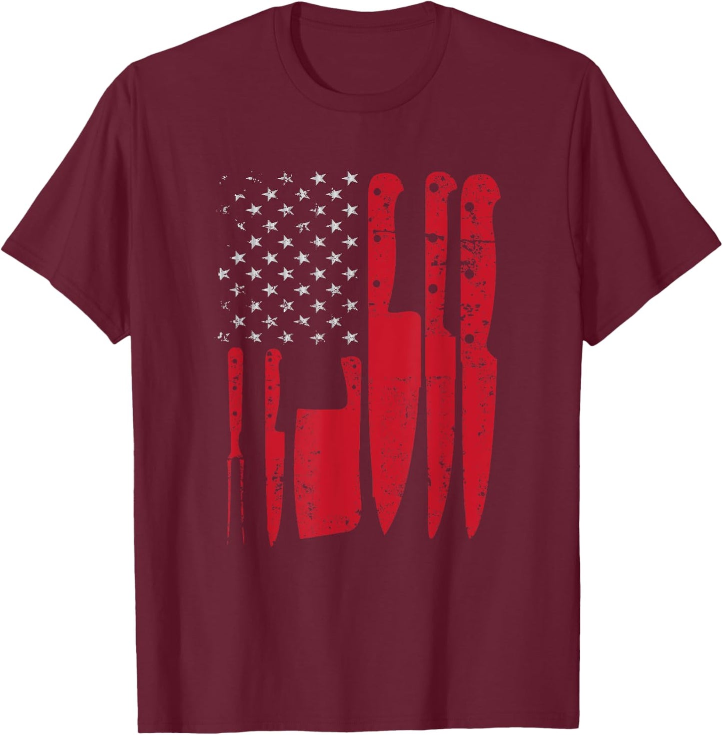 American Flag Kitchen Butcher Knife Set T-Shirt - T-Shirt | Maroon