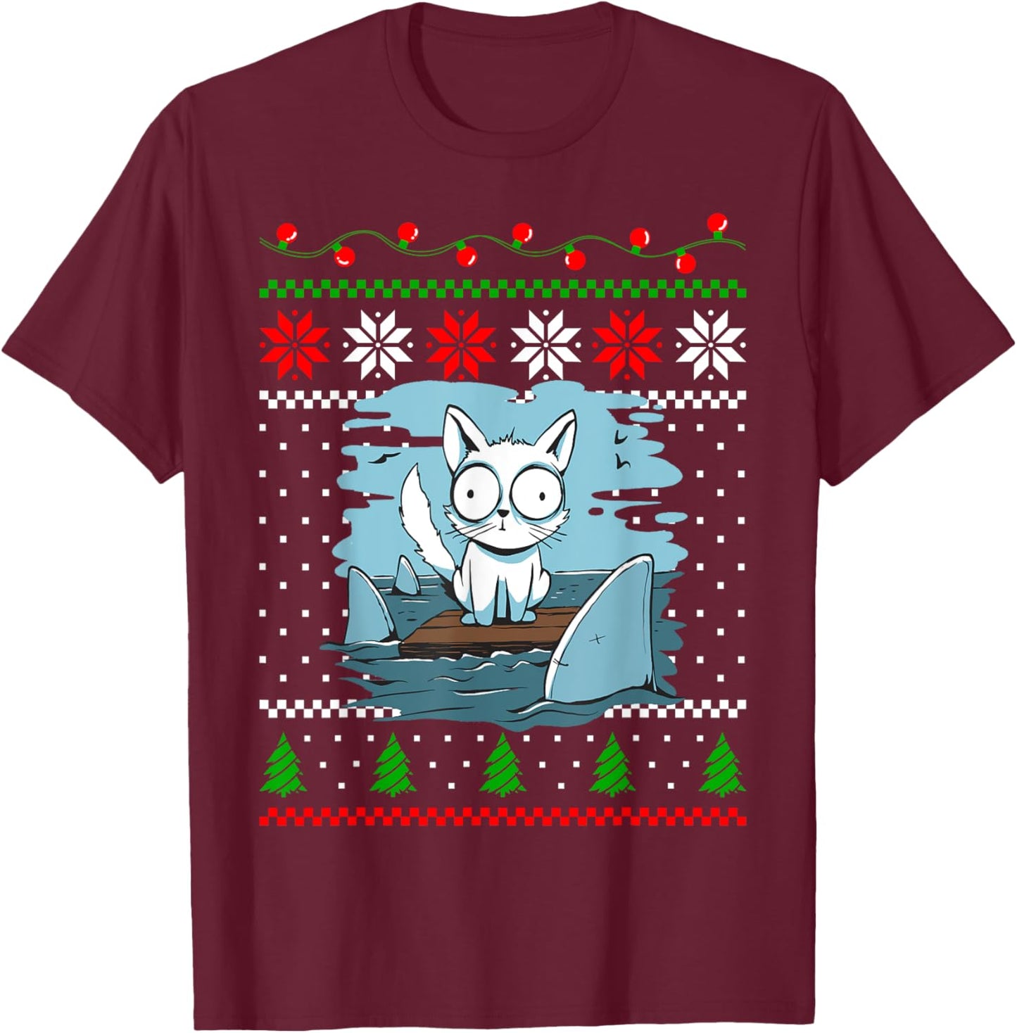 Christmas Cat Animal and Sharks Fish Funny Xmas Design T-Shirt - T-Shirt | Maroon